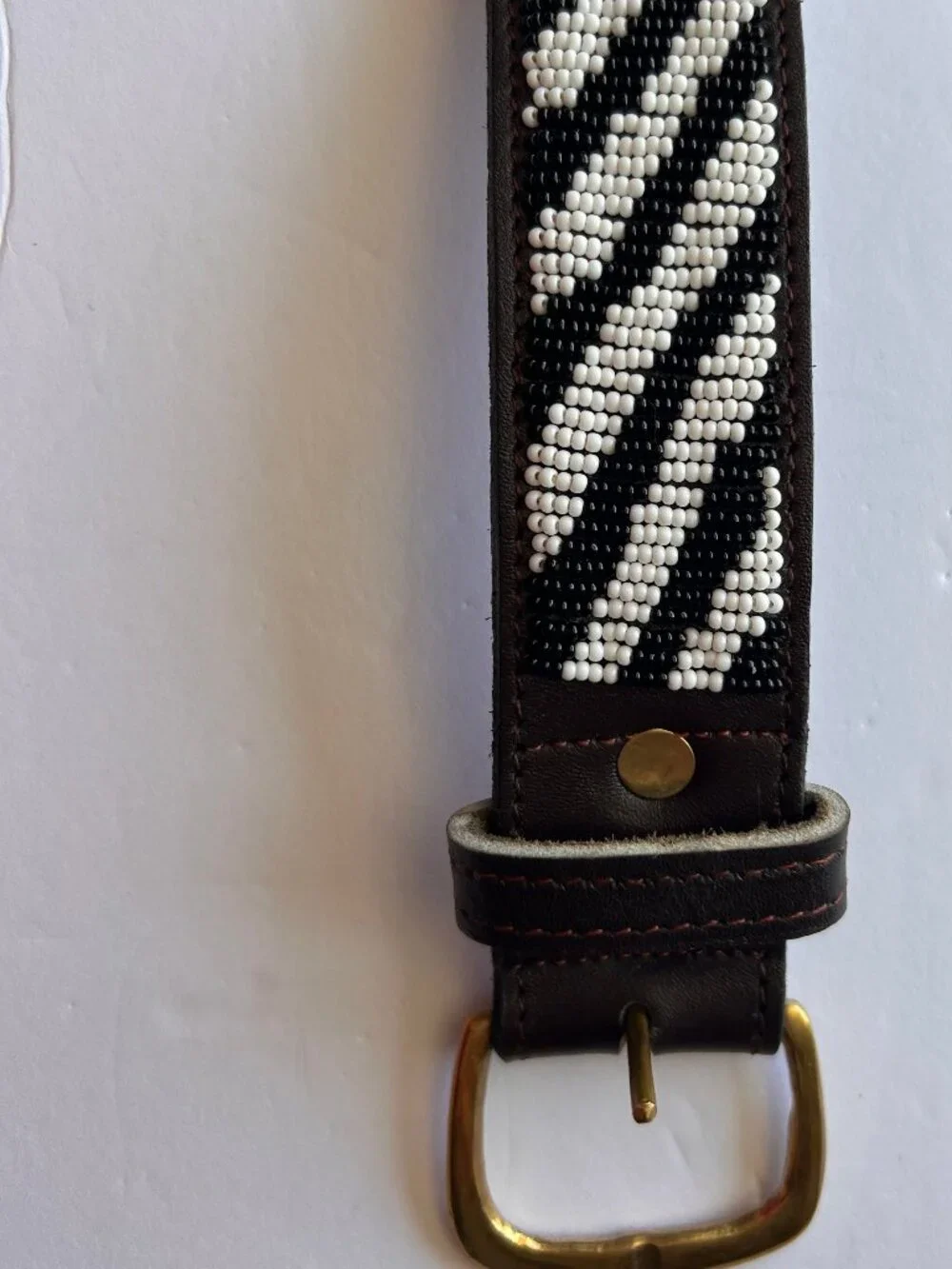 Beaded Zebra Print Brown Leather Belt 1.5